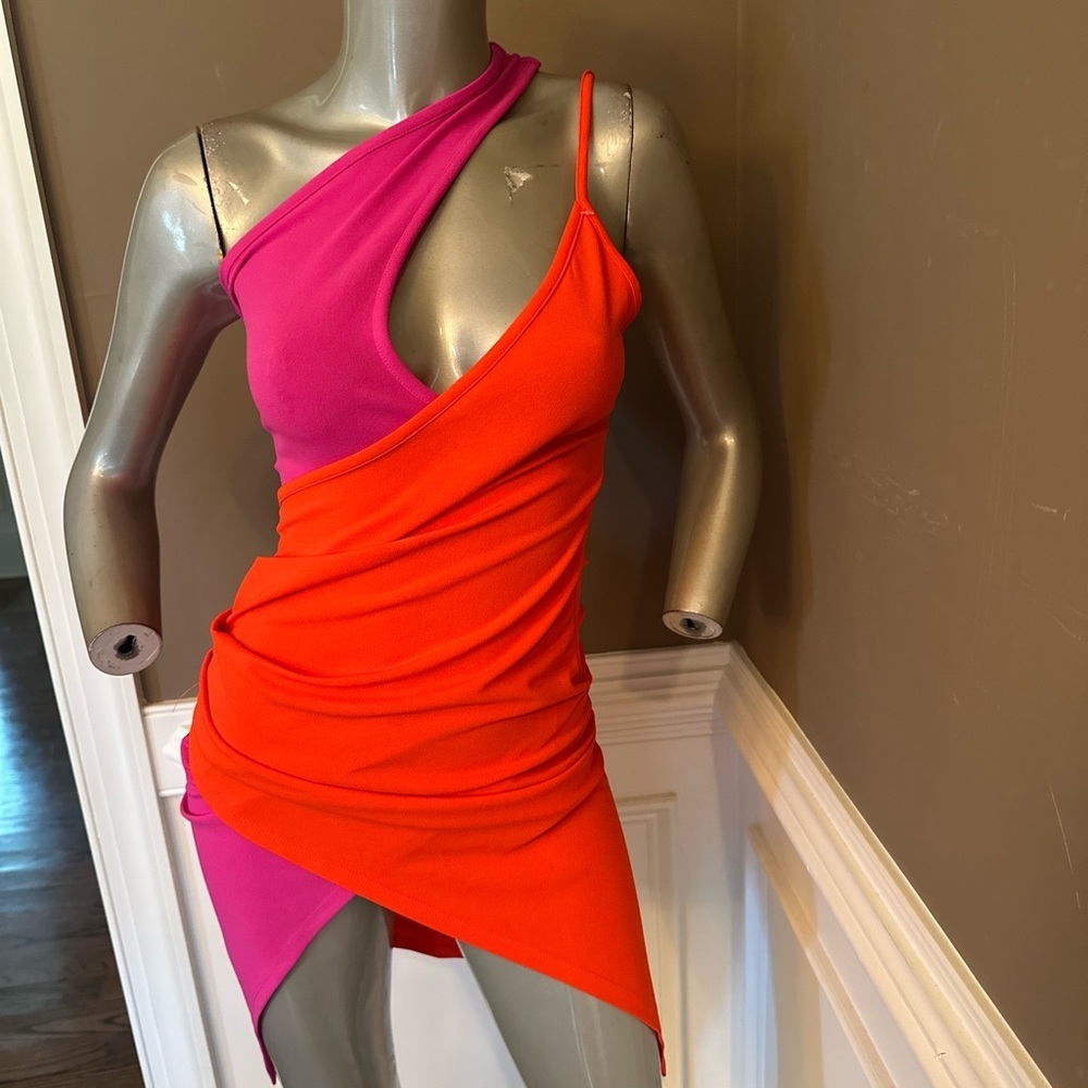 NWT FASHION NOVA Colorblock Midi Dress Sz XS Orange/Pink - Picture 2 of 5